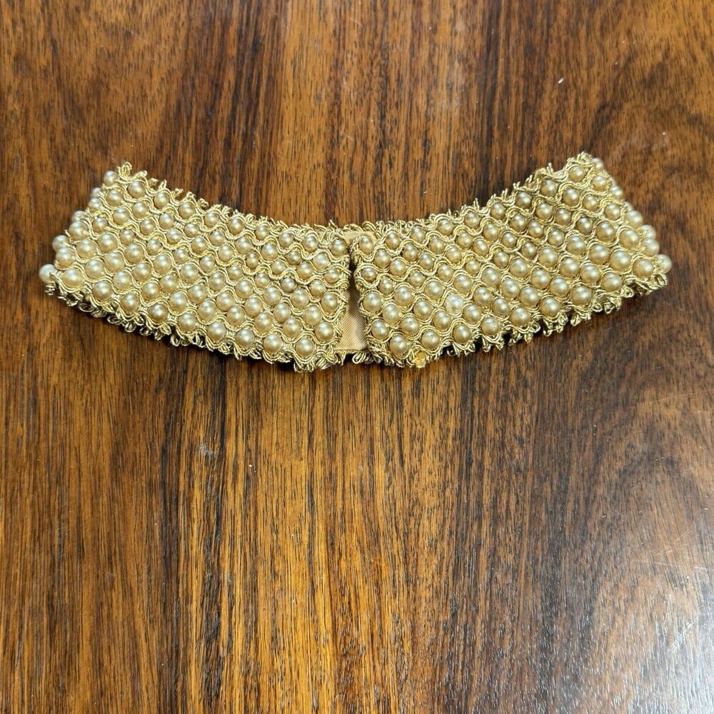 Vintage 1950's Pearl Bead Collar on Gold Thread Sweater Necklace Made In Japan